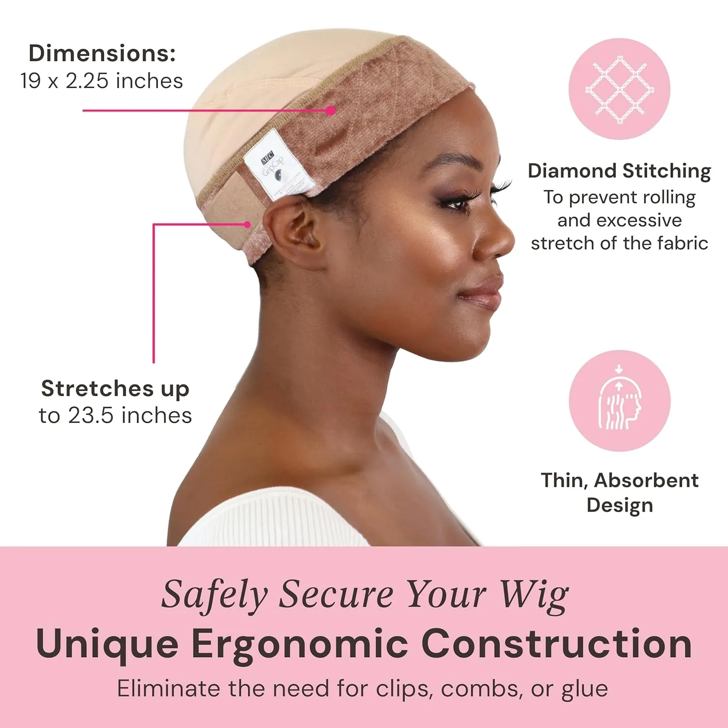 MILANO COLLECTION Wig Grip Caps for Women, Adjustable No Slip Wig Cap with Grip Band, Built-In Secure Elastic HeadBand for Lace Front Styles, Chocolate Brown & Nude, 2 Pack