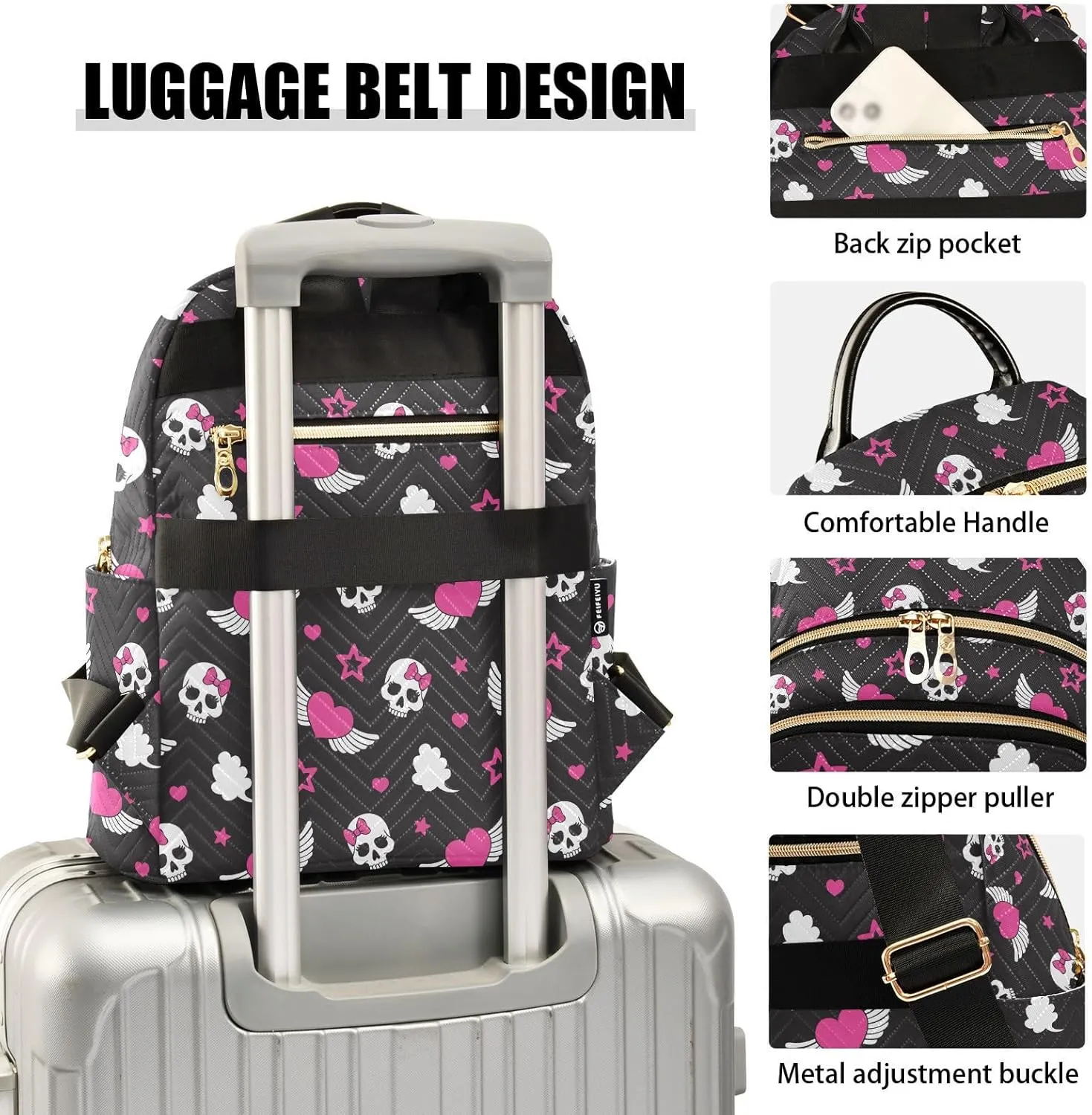 Mini Backpack Skull Wings Heart Fashion Backpack Purse for Women,Handbag Shoulder Bag Casual Daypack, Ladies Gift for College Work (S)