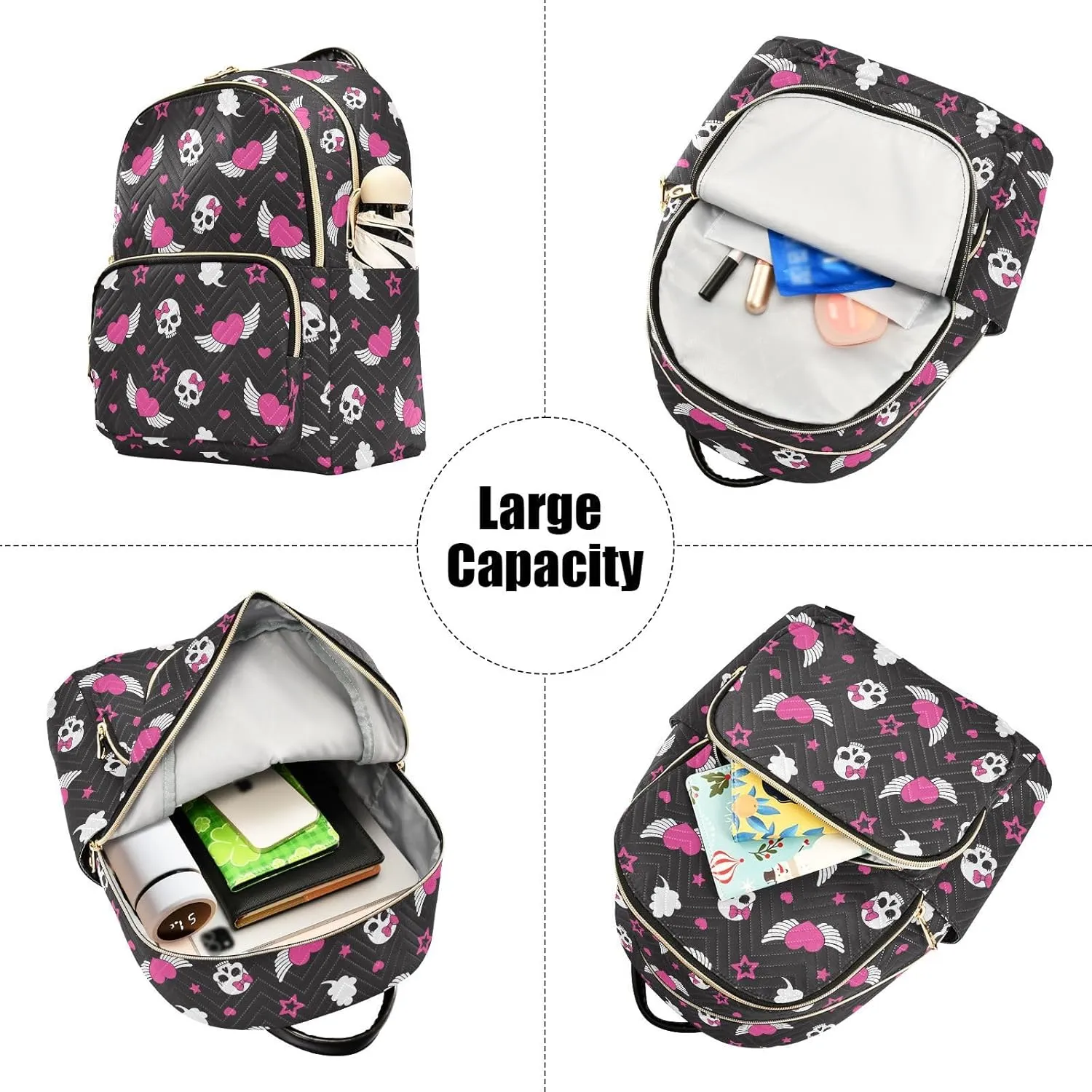 Mini Backpack Skull Wings Heart Fashion Backpack Purse for Women,Handbag Shoulder Bag Casual Daypack, Ladies Gift for College Work (S)