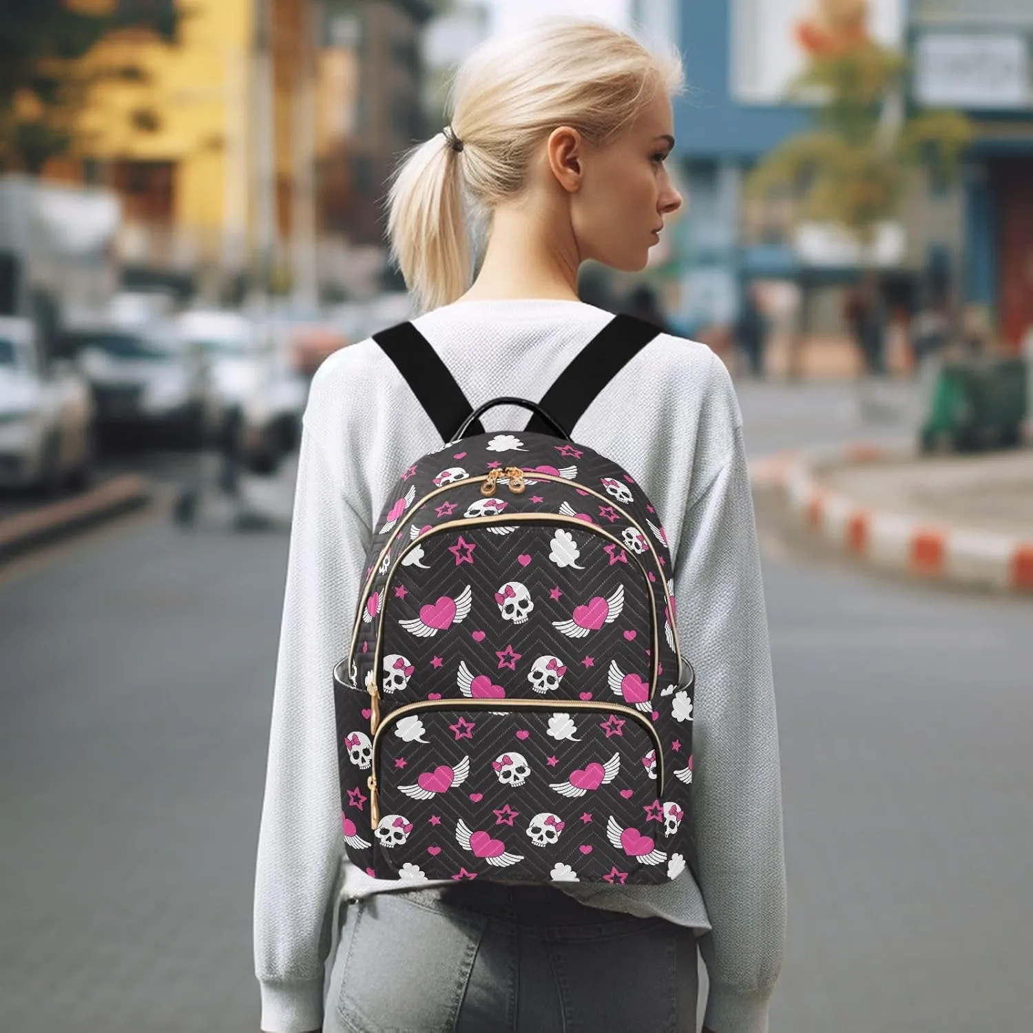 Mini Backpack Skull Wings Heart Fashion Backpack Purse for Women,Handbag Shoulder Bag Casual Daypack, Ladies Gift for College Work (S)