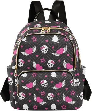 Mini Backpack Skull Wings Heart Fashion Backpack Purse for Women,Handbag Shoulder Bag Casual Daypack, Ladies Gift for College Work (S)