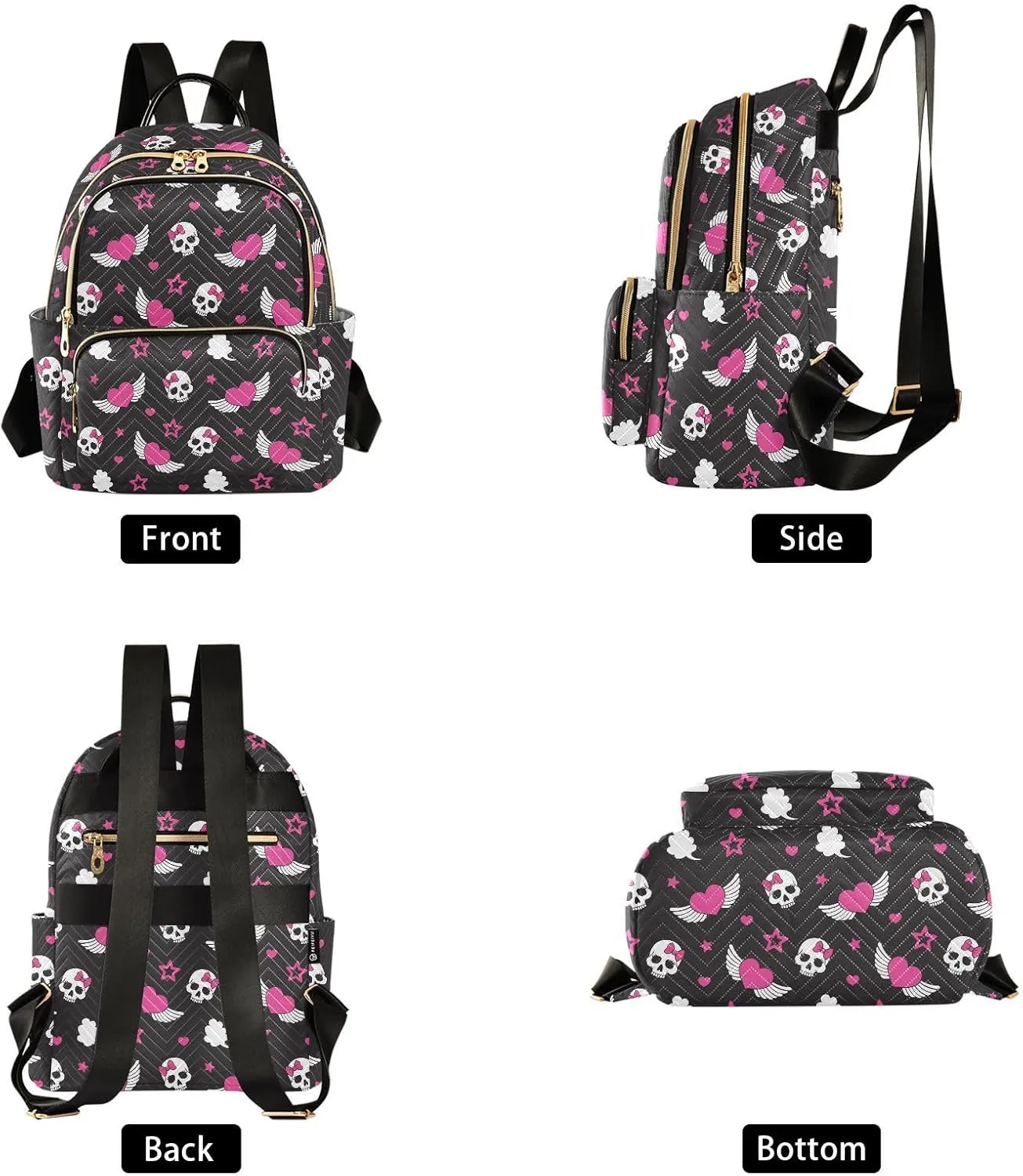 Mini Backpack Skull Wings Heart Fashion Backpack Purse for Women,Handbag Shoulder Bag Casual Daypack, Ladies Gift for College Work (S)