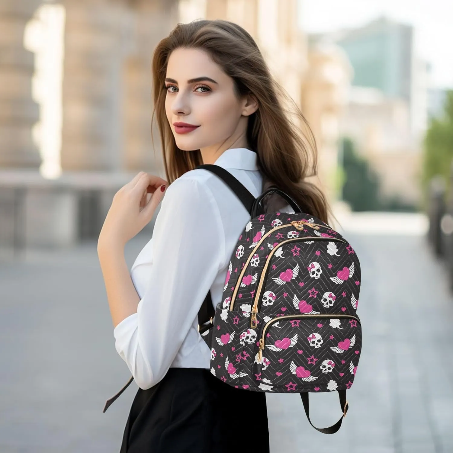 Mini Backpack Skull Wings Heart Fashion Backpack Purse for Women,Handbag Shoulder Bag Casual Daypack, Ladies Gift for College Work (S)