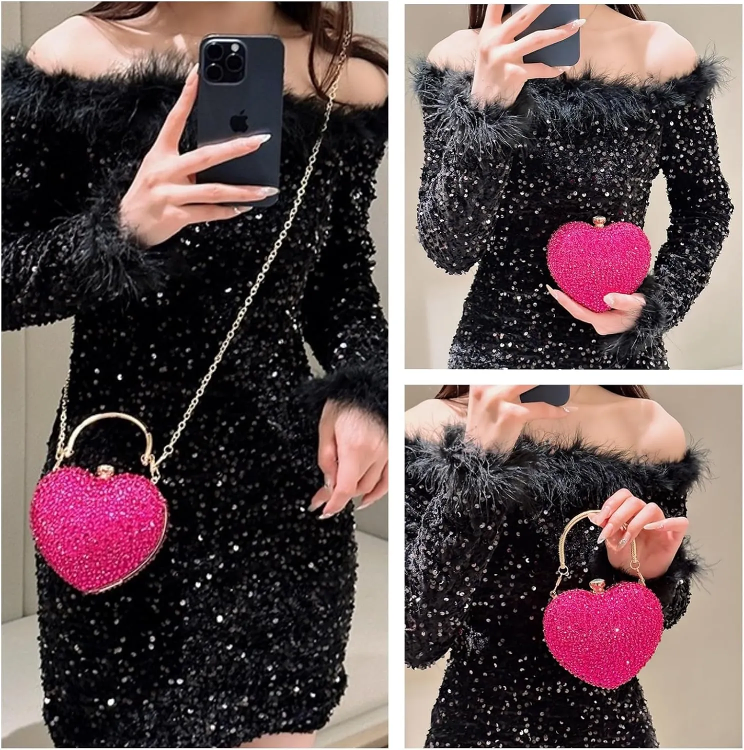 Mini Heart Rhinestone Purse - Wedding Clutch Bag for Dinner Party