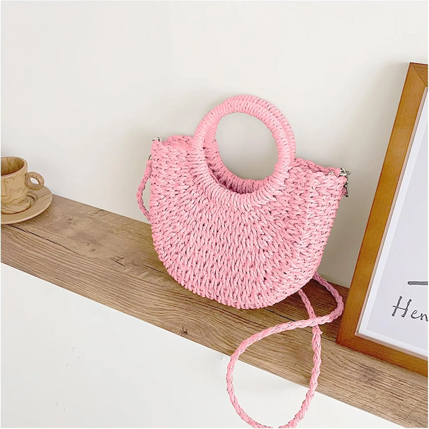 Mini Semi-circle Rattan Straw Bag, Hand-woven Women Summer Retro Beach Tote Shoulder Bag Crossbody Travel Beach Bag