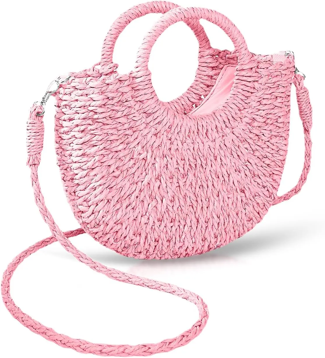 Mini Semi-circle Rattan Straw Bag, Hand-woven Women Summer Retro Beach Tote Shoulder Bag Crossbody Travel Beach Bag