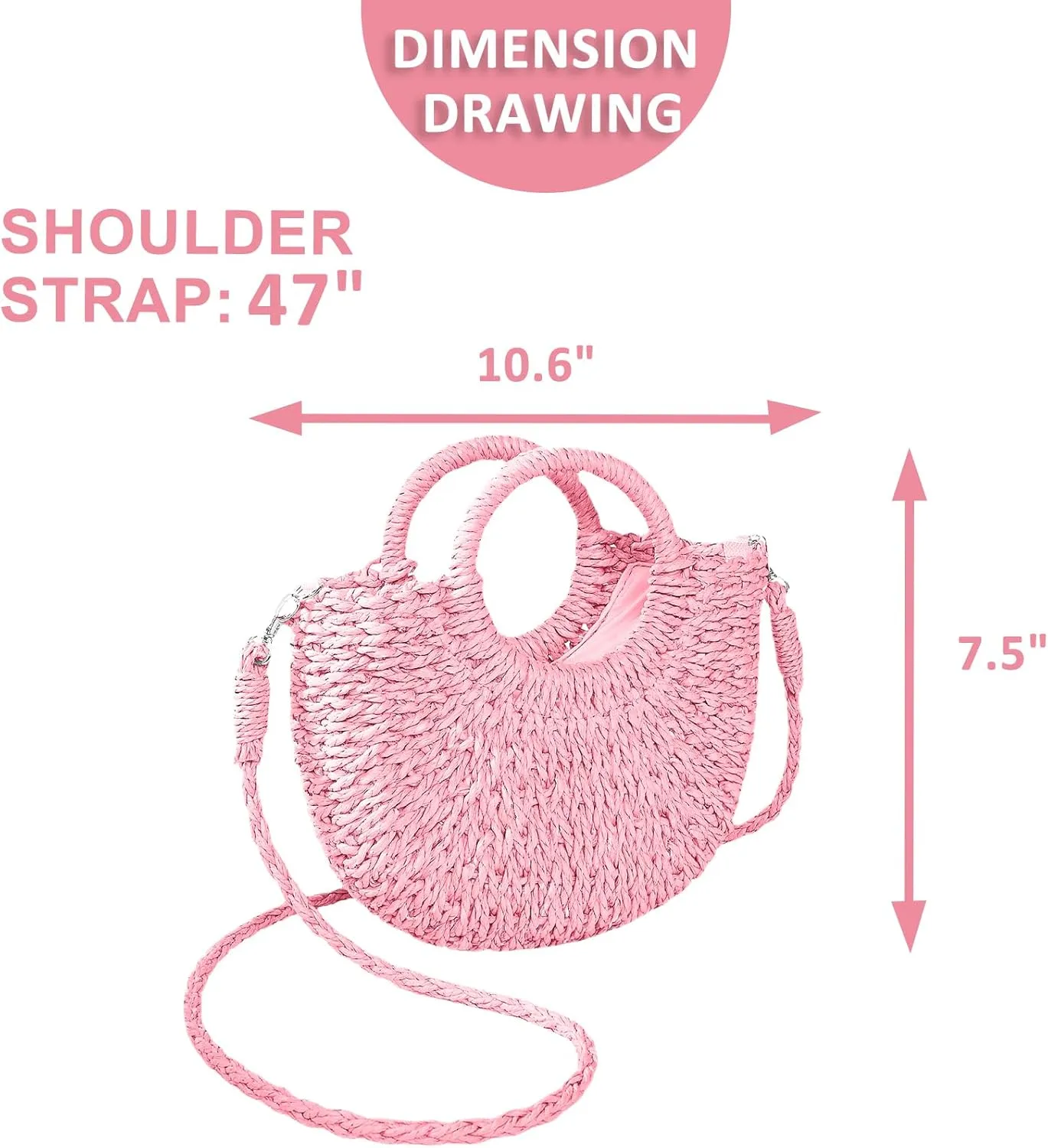 Mini Semi-circle Rattan Straw Bag, Hand-woven Women Summer Retro Beach Tote Shoulder Bag Crossbody Travel Beach Bag