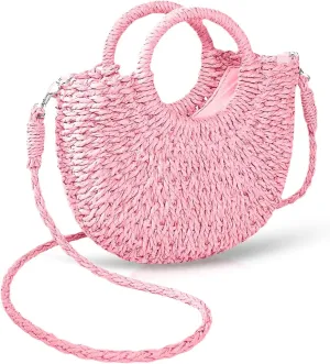 Mini Semi-circle Rattan Straw Bag, Hand-woven Women Summer Retro Beach Tote Shoulder Bag Crossbody Travel Beach Bag