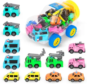 Mini Vehicle Toy Set with Storage Container, 12 Emergency and Service Cars, Police, Fire Truck, Ambulance, Taxi