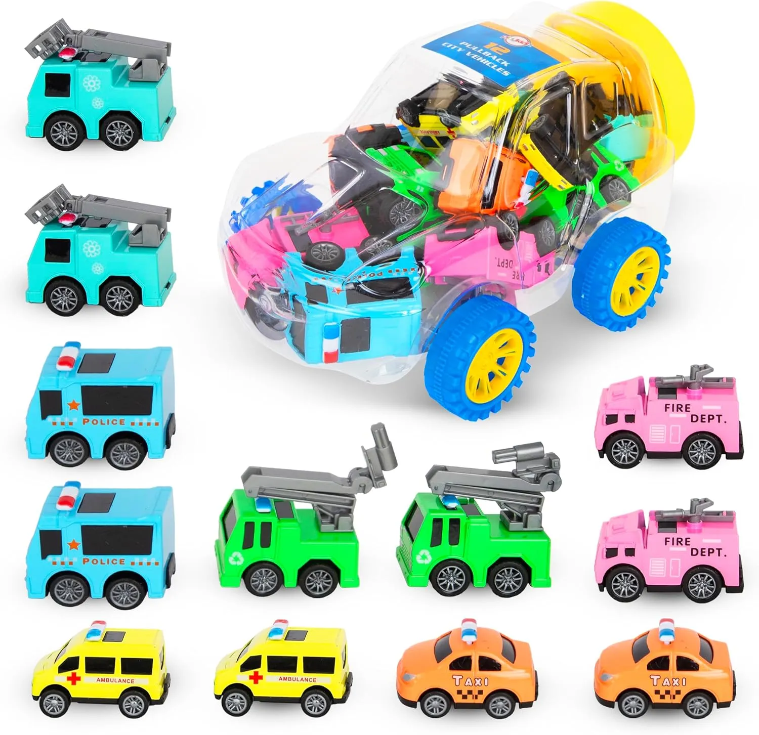 Mini Vehicle Toy Set with Storage Container, 12 Emergency and Service Cars, Police, Fire Truck, Ambulance, Taxi