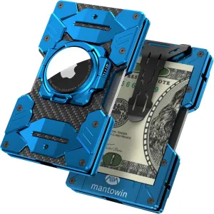 Minimalist Wallet for Men with AirTag Holder, Credit Card Holder RFID Blocking Wallet, Small Aluminum Metal Wallets with Money Clip (Blue)