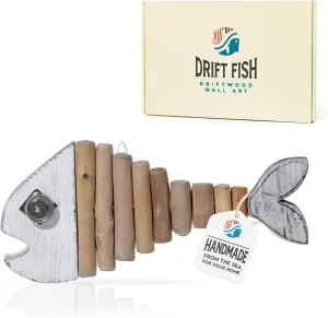 Mint Bucket Brands Driftwood Fish Nautical Wall Decor - Handmade Wooden Rustic Coastal Wall Art for Living Room, Bedroom, Office, Bathroom - Ocean Beach Decoration (13" x 6", Pearl)