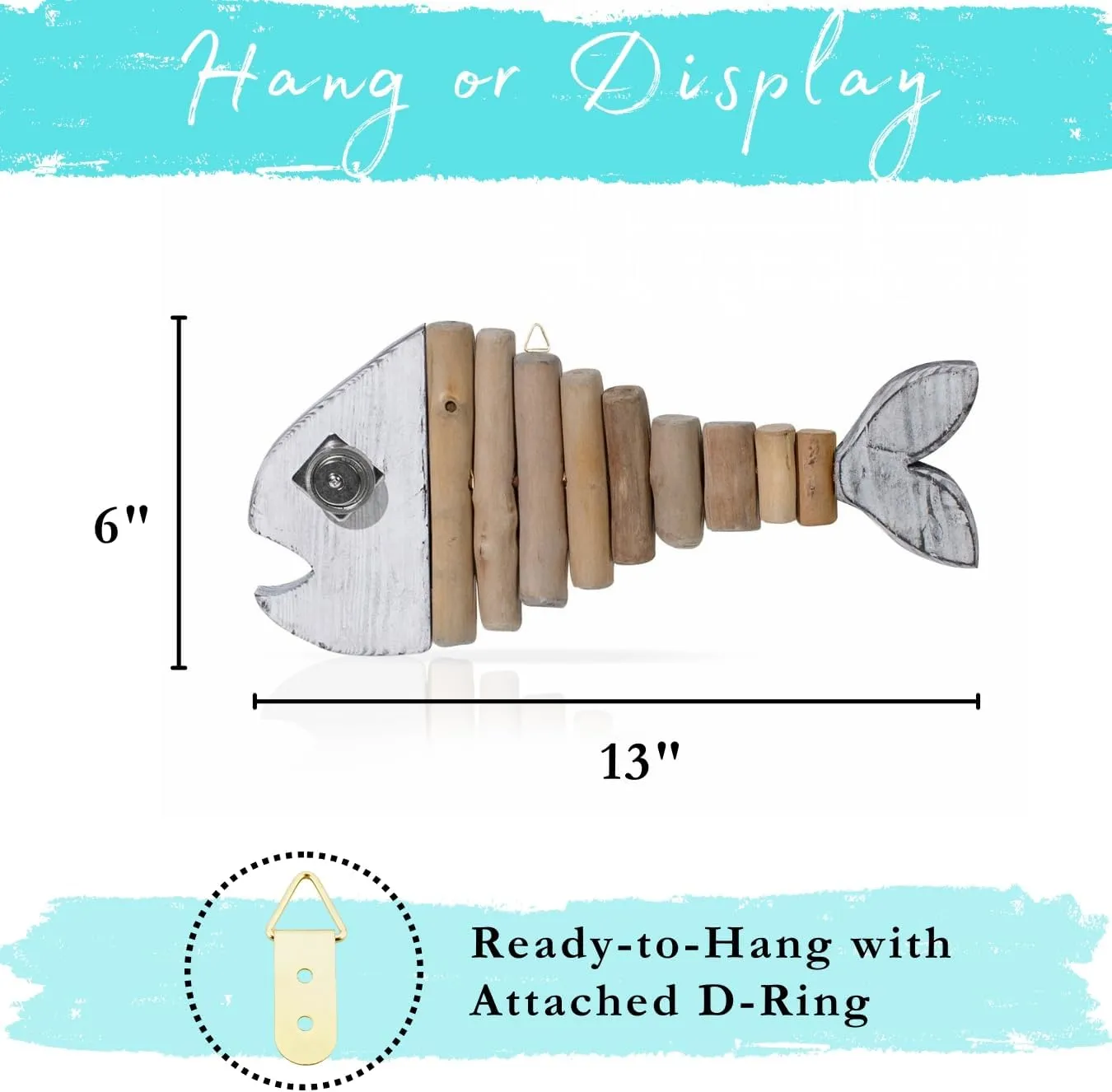 Mint Bucket Brands Driftwood Fish Nautical Wall Decor - Handmade Wooden Rustic Coastal Wall Art for Living Room, Bedroom, Office, Bathroom - Ocean Beach Decoration (13" x 6", Pearl)
