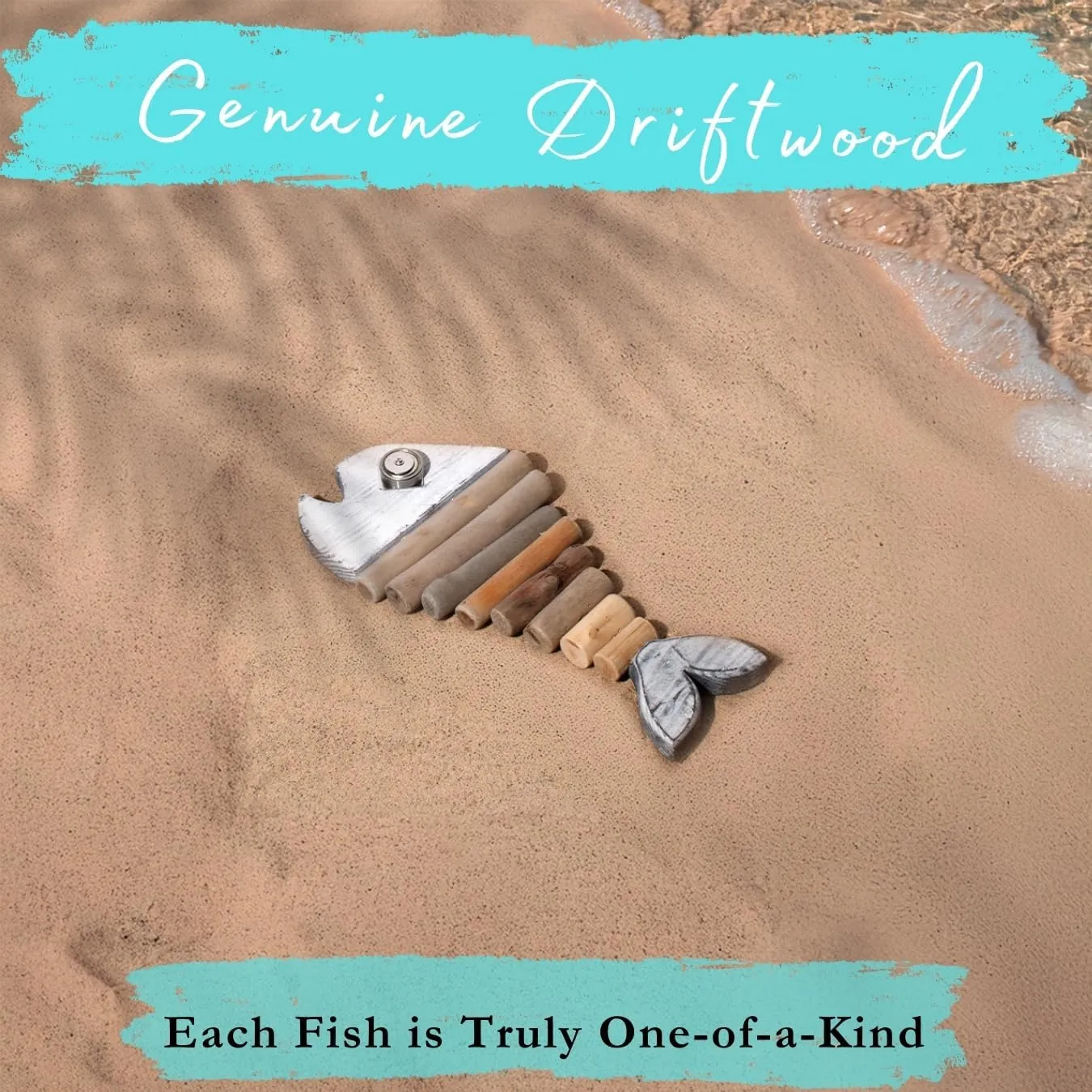 Mint Bucket Brands Driftwood Fish Nautical Wall Decor - Handmade Wooden Rustic Coastal Wall Art for Living Room, Bedroom, Office, Bathroom - Ocean Beach Decoration (13" x 6", Pearl)