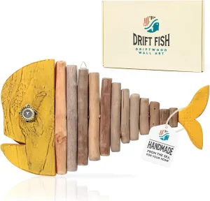 Mint Bucket Brands Driftwood Fish Nautical Wall Decor - Handmade Wooden Rustic Coastal Wall Art for Living Room, Bedroom, Office, Bathroom - Ocean Beach Decoration (18" x 10", Goldie)