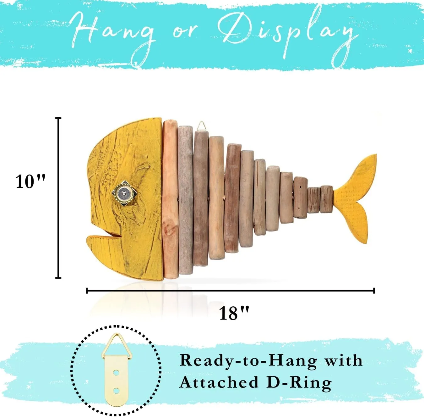 Mint Bucket Brands Driftwood Fish Nautical Wall Decor - Handmade Wooden Rustic Coastal Wall Art for Living Room, Bedroom, Office, Bathroom - Ocean Beach Decoration (18" x 10", Goldie)