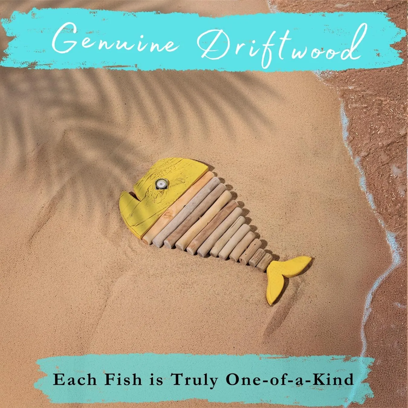 Mint Bucket Brands Driftwood Fish Nautical Wall Decor - Handmade Wooden Rustic Coastal Wall Art for Living Room, Bedroom, Office, Bathroom - Ocean Beach Decoration (18" x 10", Goldie)
