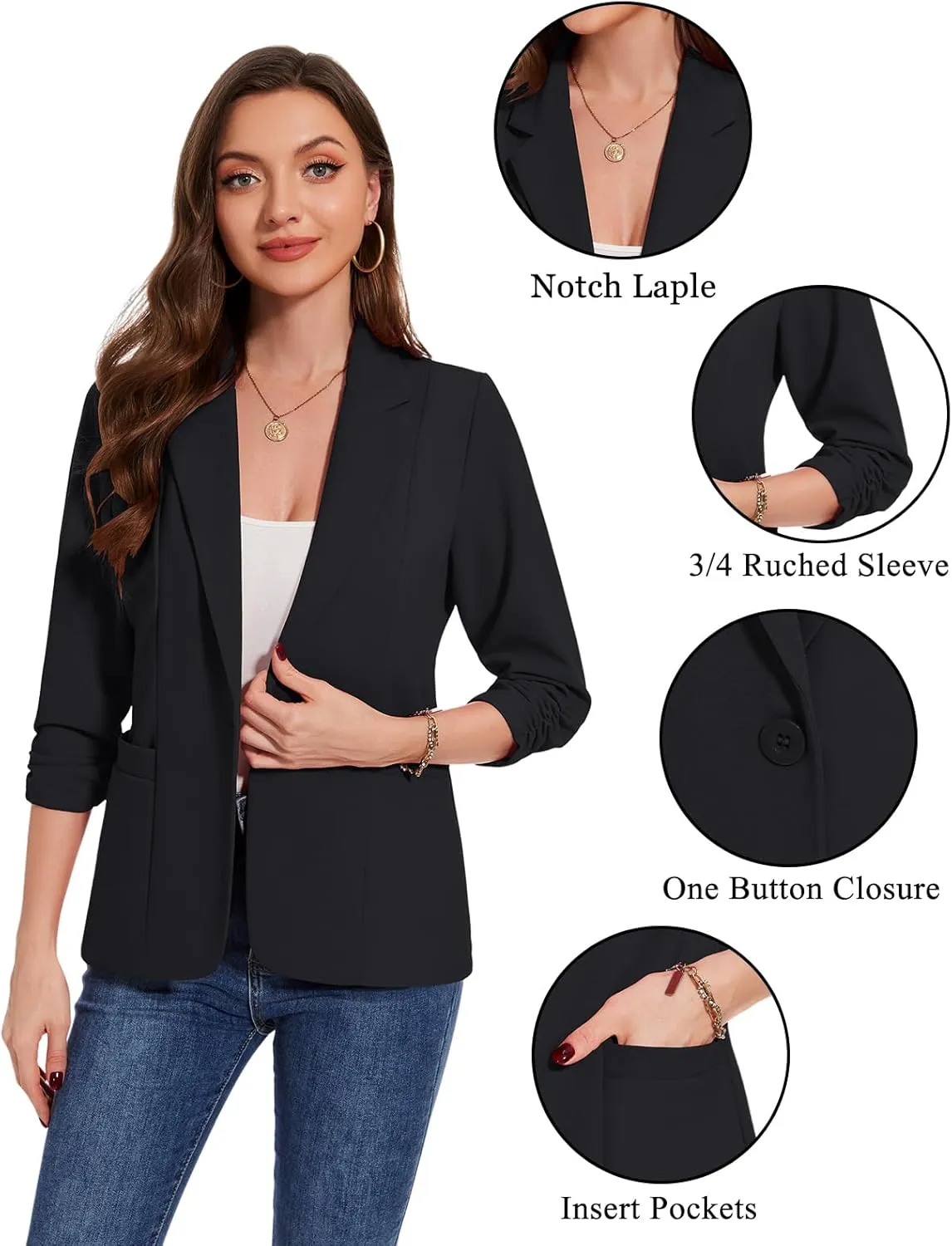 MINTLIMIT Womens Casual Blazers 3/4 Ruched Sleeve One Button Blazer Lapel Collar Business Office Suit Jacket with Pockets