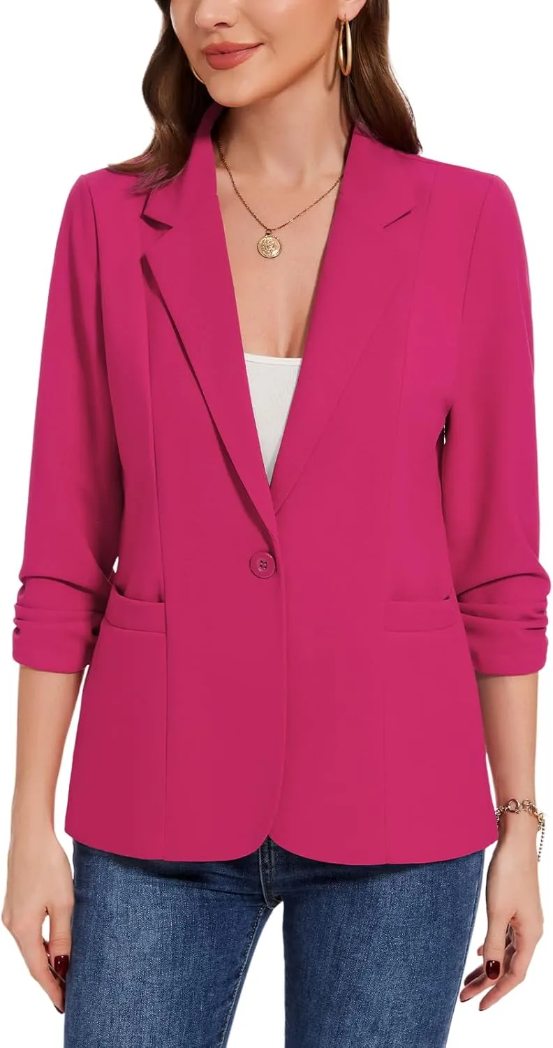 MINTLIMIT Womens Casual Blazers 3/4 Ruched Sleeve One Button Blazer Lapel Collar Business Office Suit Jacket with Pockets