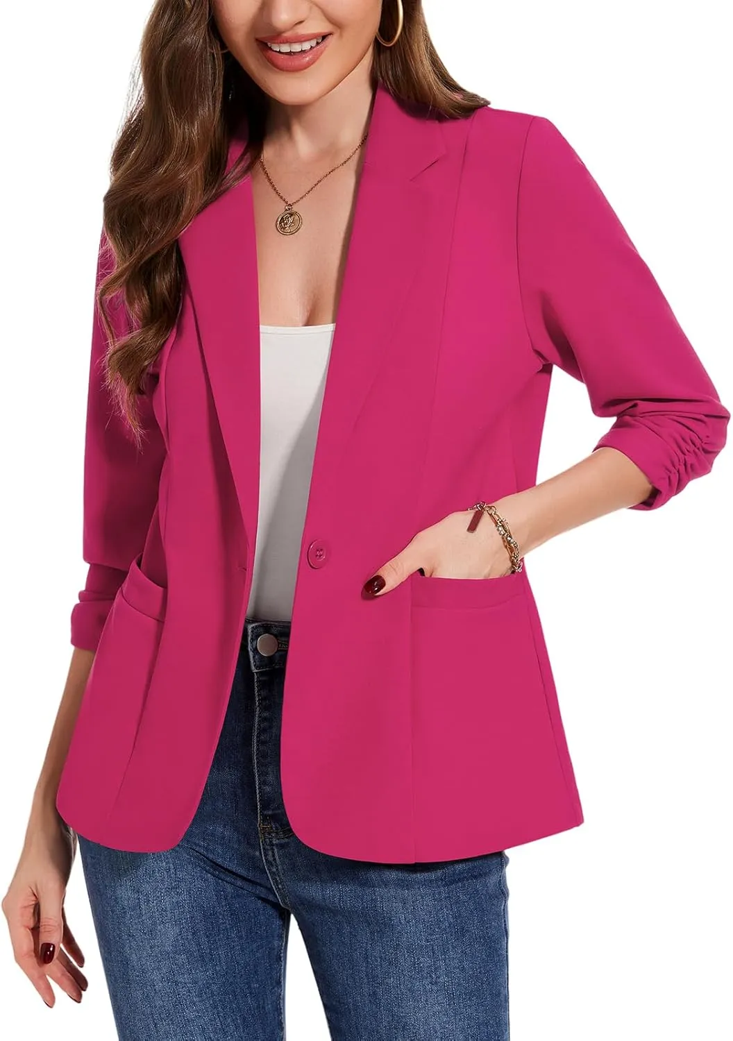 MINTLIMIT Womens Casual Blazers 3/4 Ruched Sleeve One Button Blazer Lapel Collar Business Office Suit Jacket with Pockets