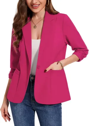 MINTLIMIT Womens Casual Blazers 3/4 Ruched Sleeve One Button Blazer Lapel Collar Business Office Suit Jacket with Pockets