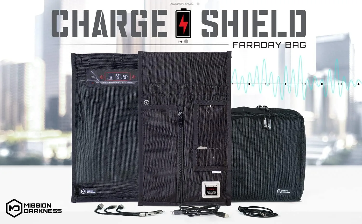 Mission Darkness Non-Window Charge & Shield Faraday Bag for Phones // Includes USB Filter and Cable Set for Data Extraction and Charging Devices While Shielded from RF Signals Black