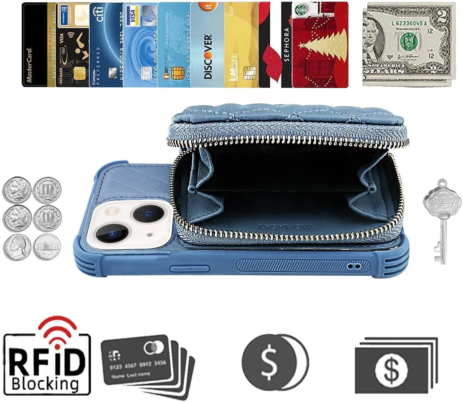 MONASAY Zipper Wallet Case Fit for iPhone 13,[Glass Screen Protector ][RFID Blocking] Flip Leather Handbag Phone Cover with Card Holder and Detachable Crossbody Shoulder Lanyard Strap,Light Blue