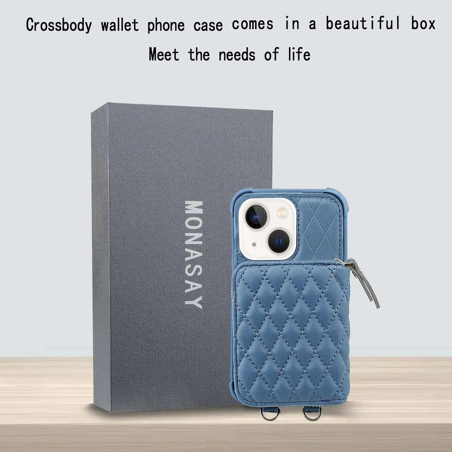 MONASAY Zipper Wallet Case Fit for iPhone 13,[Glass Screen Protector ][RFID Blocking] Flip Leather Handbag Phone Cover with Card Holder and Detachable Crossbody Shoulder Lanyard Strap,Light Blue