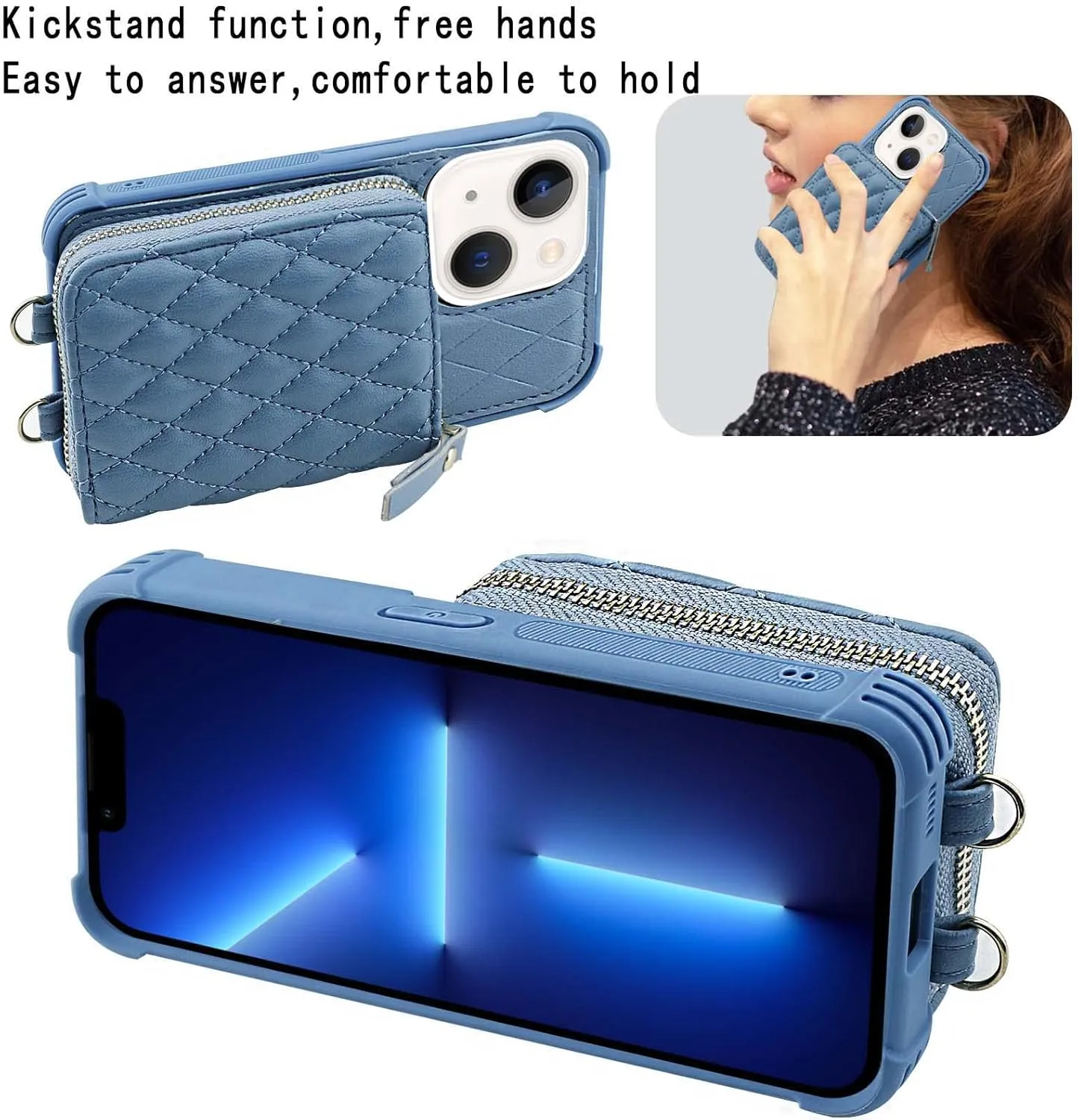 MONASAY Zipper Wallet Case Fit for iPhone 13,[Glass Screen Protector ][RFID Blocking] Flip Leather Handbag Phone Cover with Card Holder and Detachable Crossbody Shoulder Lanyard Strap,Light Blue
