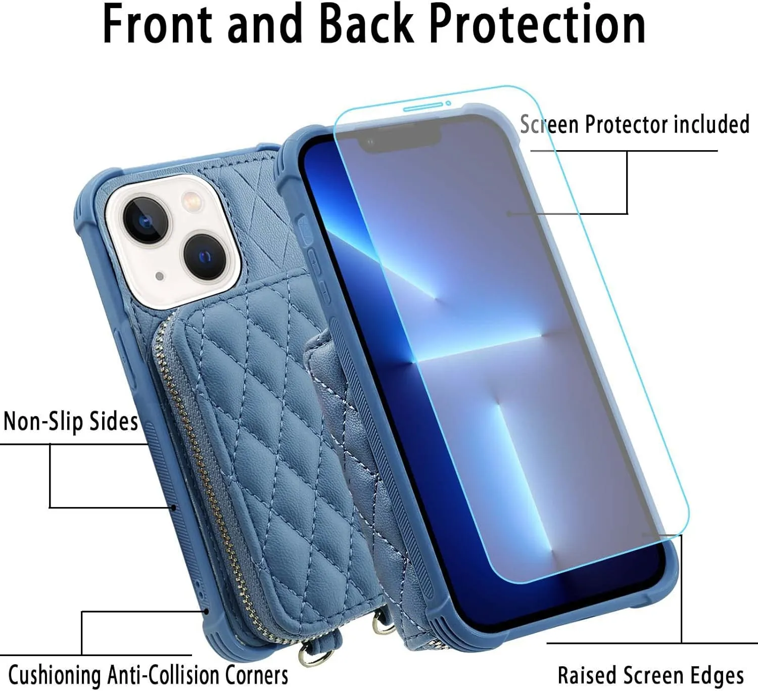 MONASAY Zipper Wallet Case Fit for iPhone 13,[Glass Screen Protector ][RFID Blocking] Flip Leather Handbag Phone Cover with Card Holder and Detachable Crossbody Shoulder Lanyard Strap,Light Blue