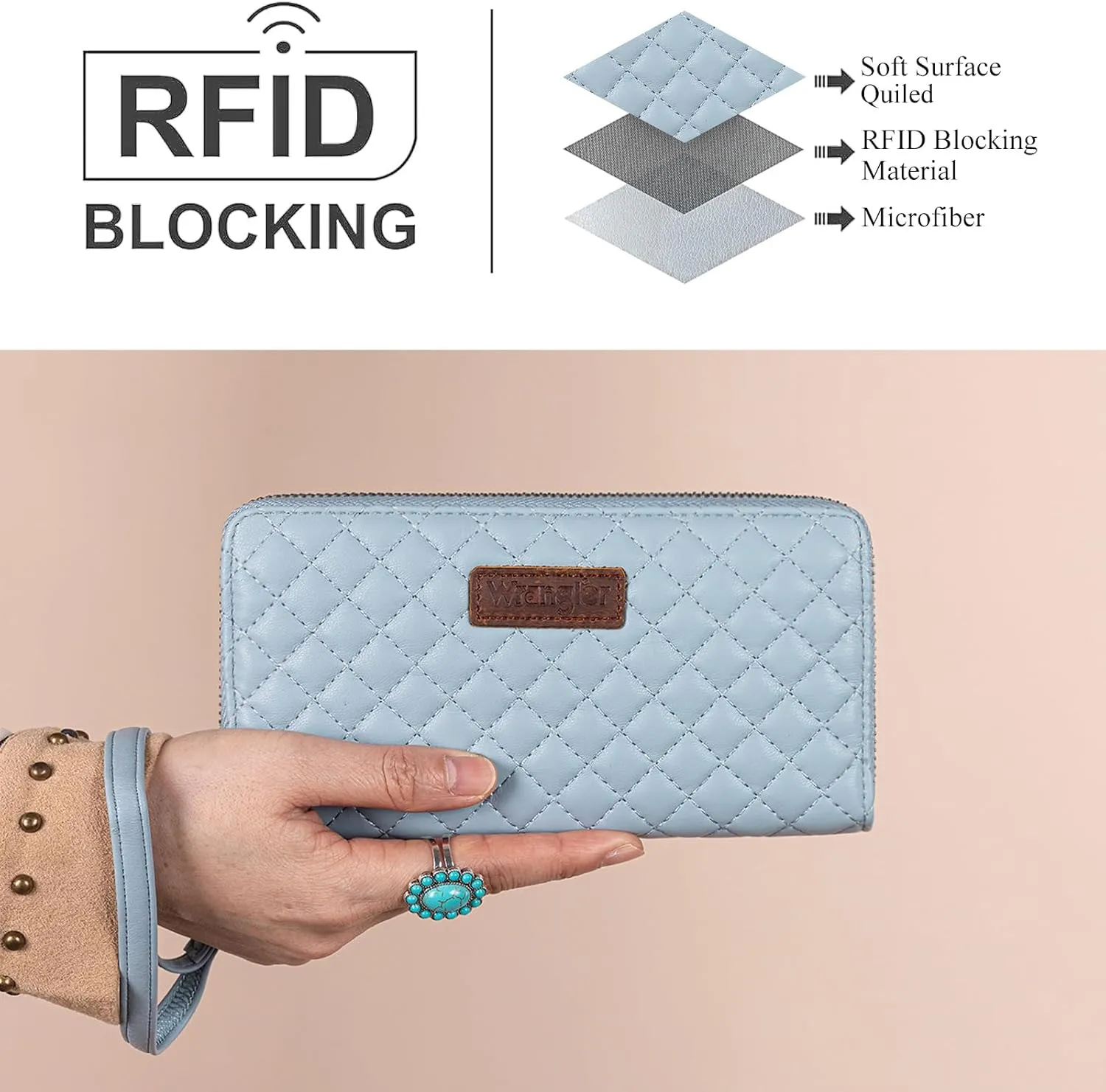 Montana West X Wrangler Large Quilted Wallet for Women with a Detachable Wristlet & Rfid Lining