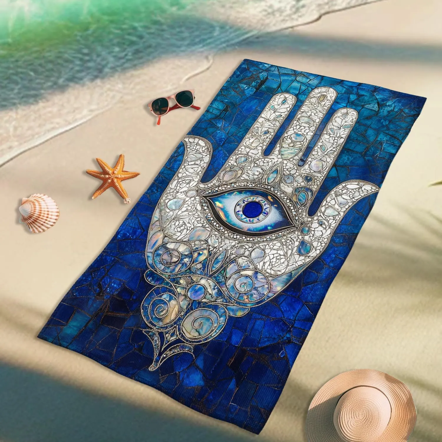 Mosaic Hand Evil Eye Beach Towel Dark Blue Bohemian Tapestry, Quick Dry Absorbent Sand Resistant Lightweight Blanket, Travel Picnic Camping Pool Essentials 70x35 Inch
