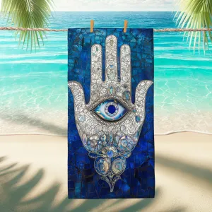 Mosaic Hand Evil Eye Beach Towel Dark Blue Bohemian Tapestry, Quick Dry Absorbent Sand Resistant Lightweight Blanket, Travel Picnic Camping Pool Essentials 70x35 Inch