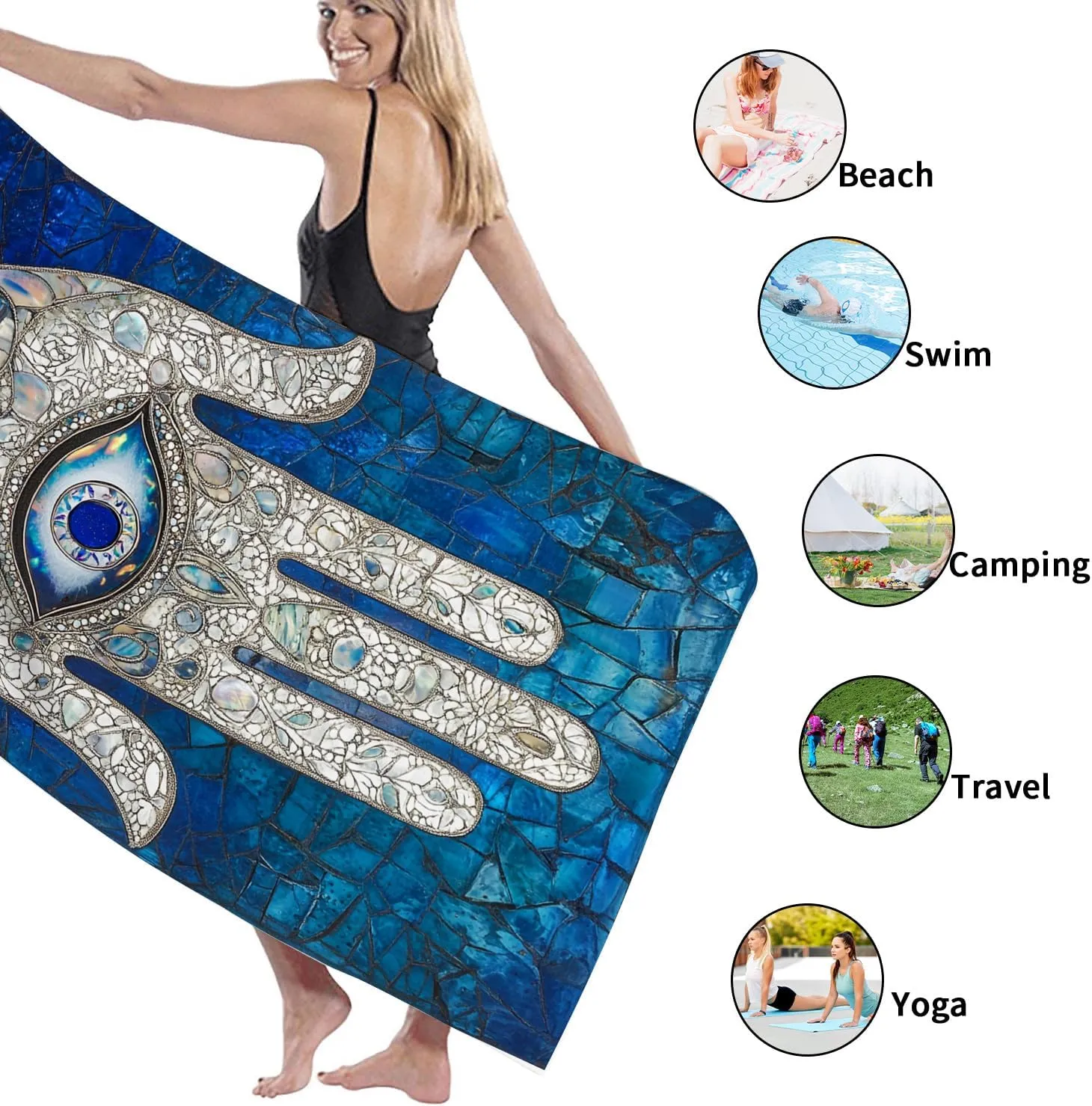 Mosaic Hand Evil Eye Beach Towel Dark Blue Bohemian Tapestry, Quick Dry Absorbent Sand Resistant Lightweight Blanket, Travel Picnic Camping Pool Essentials 70x35 Inch