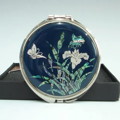 Mother of Pearl Blue Double Magnifying Lady Hand Compact Cosmetic Makeup Purse Handbag Pocket Mirror