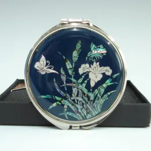 Mother of Pearl Blue Double Magnifying Lady Hand Compact Cosmetic Makeup Purse Handbag Pocket Mirror