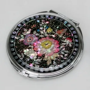 Mother of Pearl Double Compact Cosmetic Makeup Pink Flower Pocket Purse Hand Mirror with Peony and Butterfly Design
