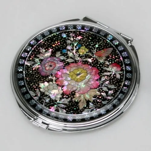 Mother of Pearl Double Compact Cosmetic Makeup Pink Flower Pocket Purse Hand Mirror with Peony and Butterfly Design