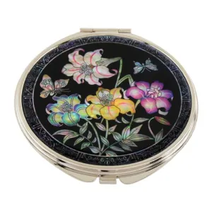 Mother of Pearl Yellow Purple Lily Flower Design Double Compact Magnifying Cosmetic Makeup Purse Beauty Pocket Mirror