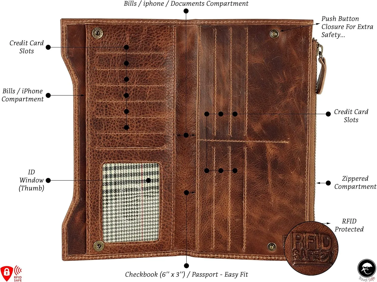 Mou Meraki Genuine Leather RFID Blocking Long Wallet – Vintage Bifold for Men