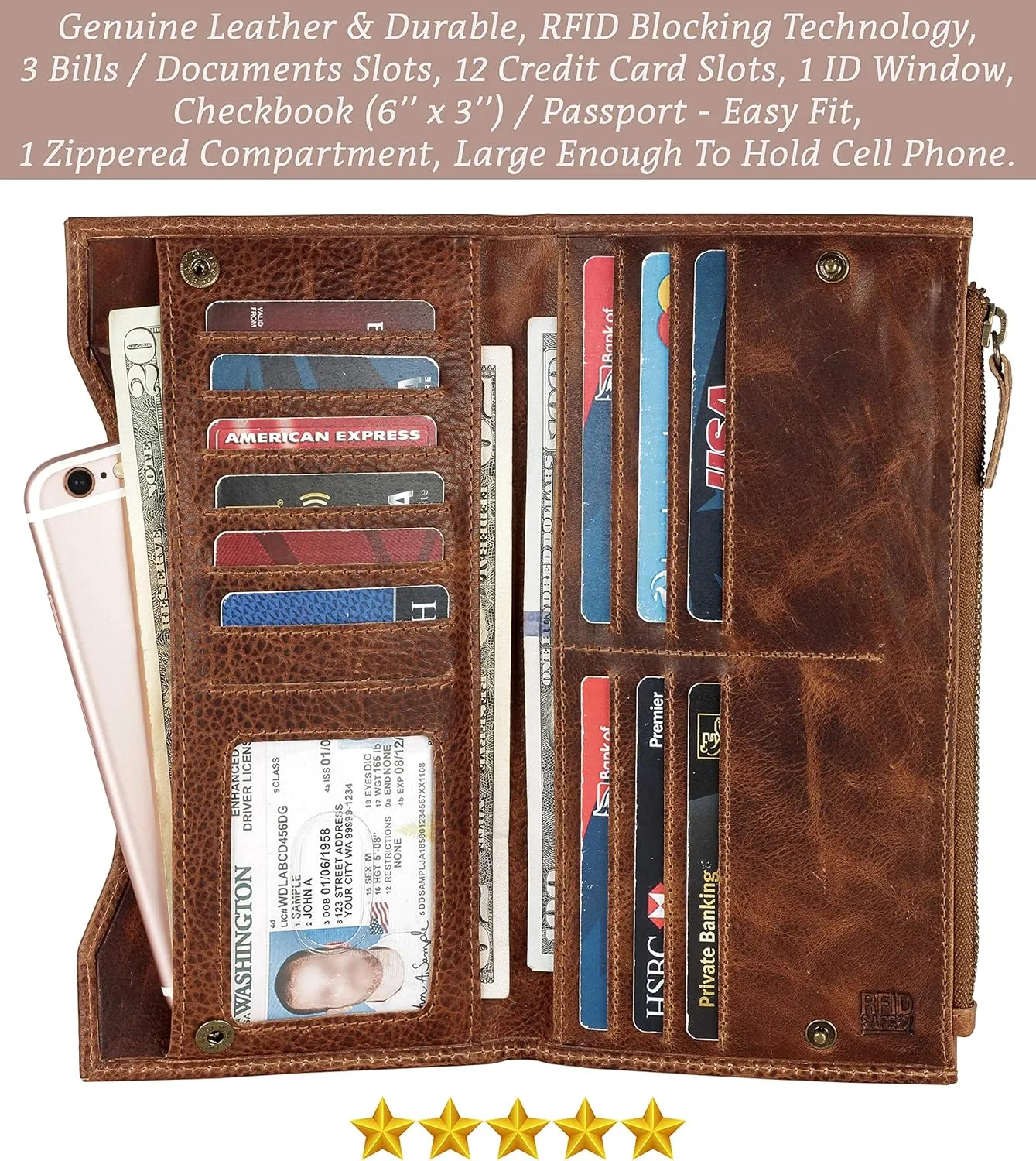 Mou Meraki Genuine Leather RFID Blocking Long Wallet – Vintage Bifold for Men