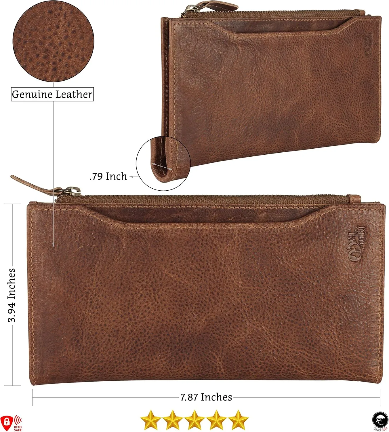 Mou Meraki Genuine Leather RFID Blocking Long Wallet – Vintage Bifold for Men