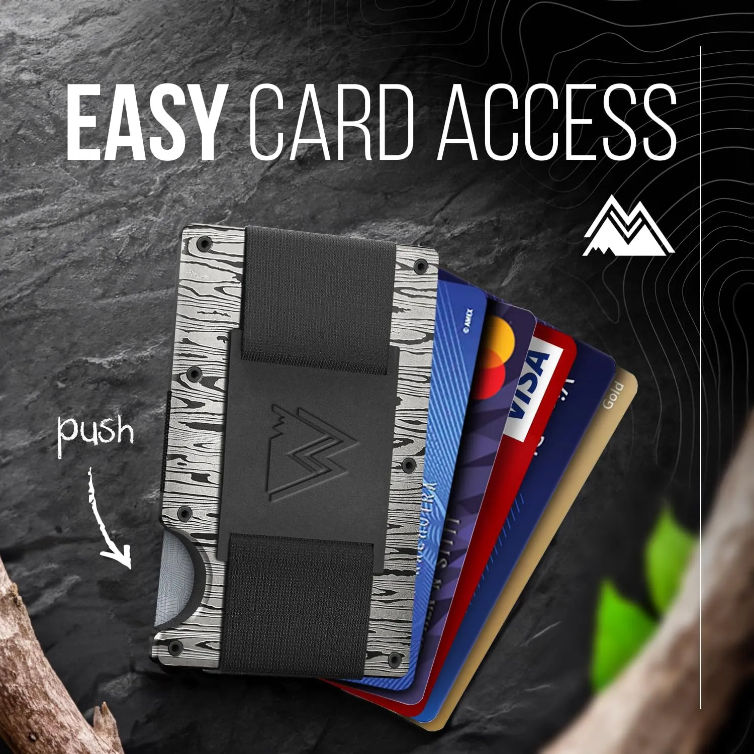 Mountain Voyage Co Minimalist Cash Strap - Slim RFID Blocking Wallet for Men & Women - Scratch Resistant, Credit Card Holder, Easily Removable Money & Cards, Aluminium Wallet (Damascus Aluminum)