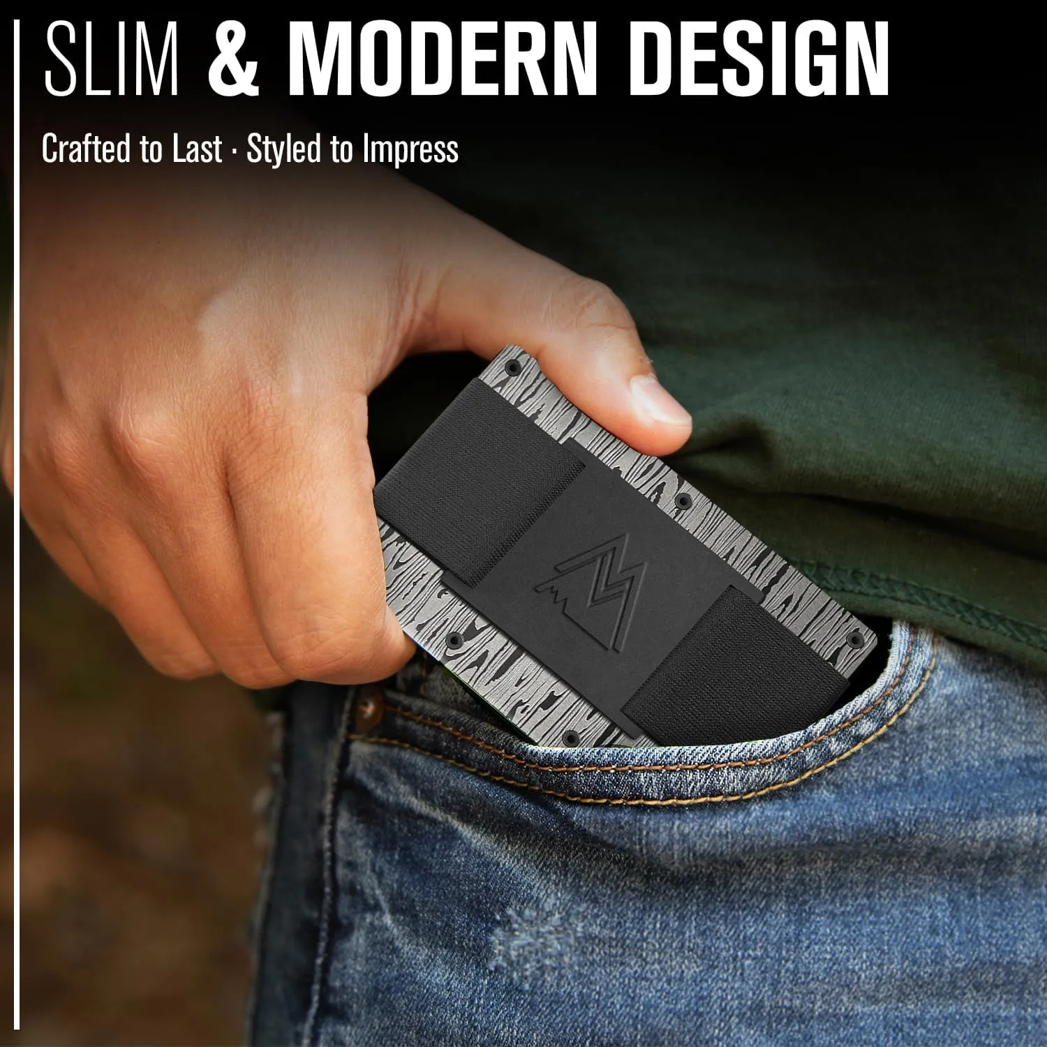 Mountain Voyage Co Minimalist Cash Strap - Slim RFID Blocking Wallet for Men & Women - Scratch Resistant, Credit Card Holder, Easily Removable Money & Cards, Aluminium Wallet (Damascus Aluminum)