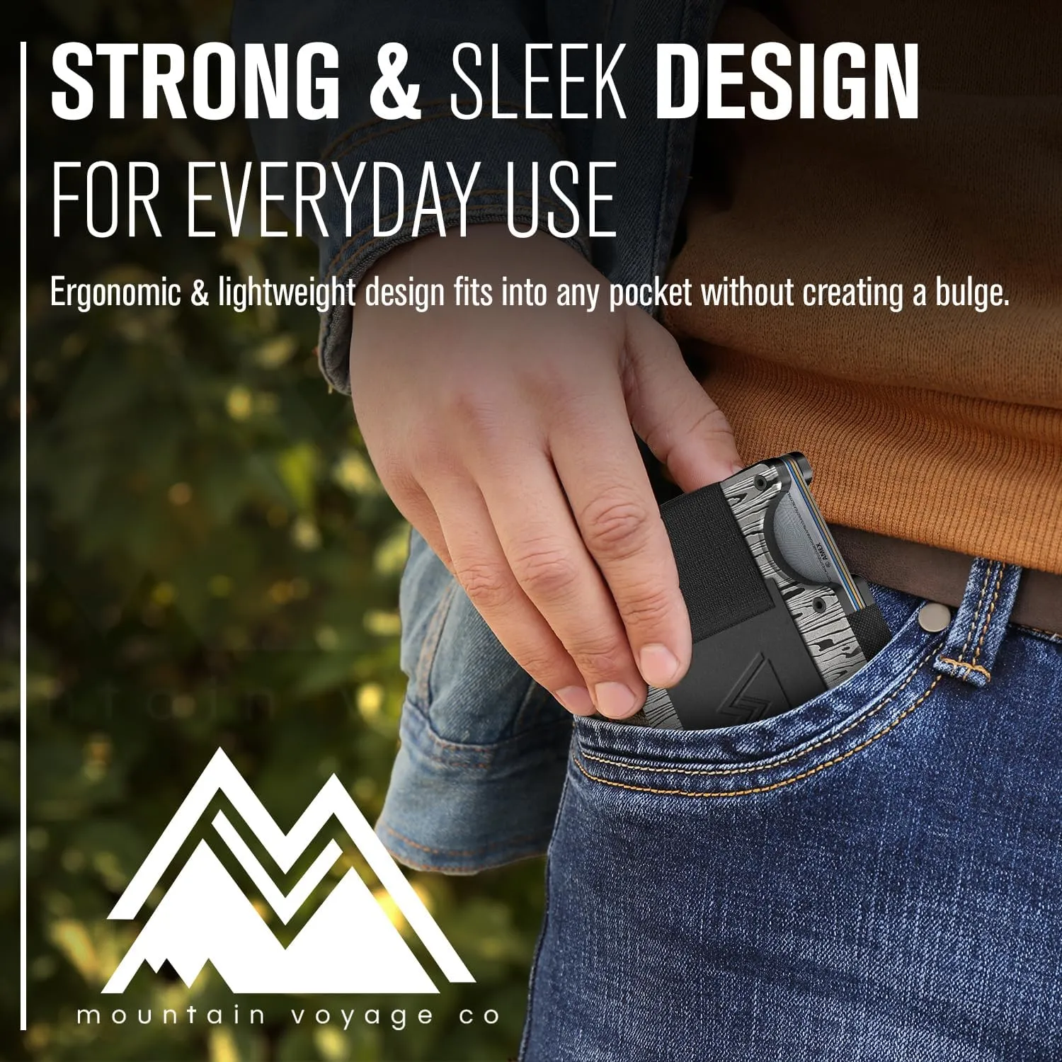Mountain Voyage Co Minimalist Cash Strap - Slim RFID Blocking Wallet for Men & Women - Scratch Resistant, Credit Card Holder, Easily Removable Money & Cards, Aluminium Wallet (Damascus Aluminum)