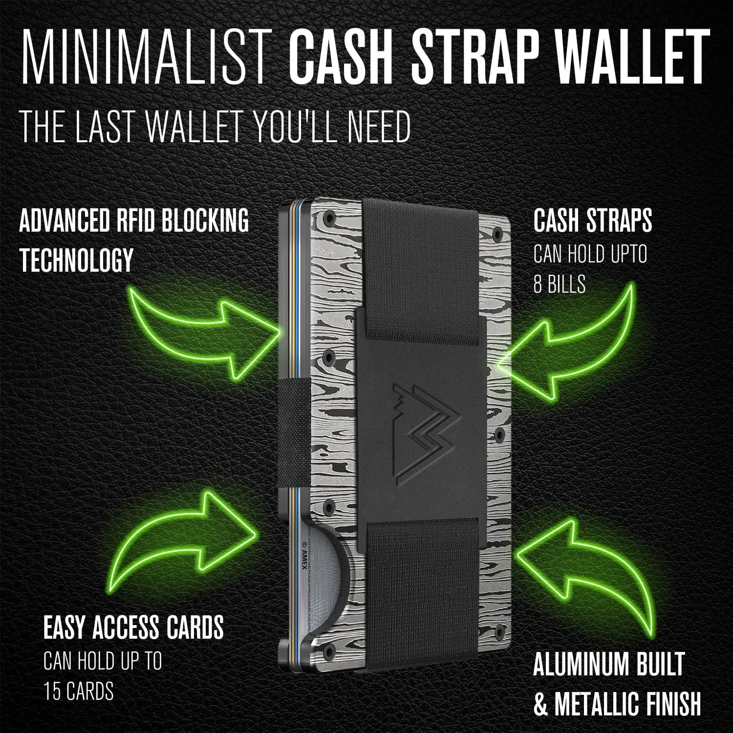 Mountain Voyage Co Minimalist Cash Strap - Slim RFID Blocking Wallet for Men & Women - Scratch Resistant, Credit Card Holder, Easily Removable Money & Cards, Aluminium Wallet (Damascus Aluminum)