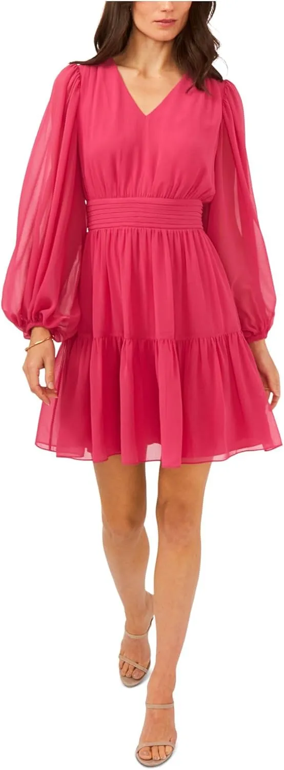 MSK Womens Petites Tiered Chiffon Fit & Flare Dress Pink S