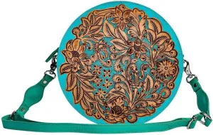 Myra Bag Round Bag for Women - Western Upcycled Leather Shoulder Bag Teal