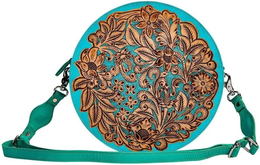 Myra Bag Round Bag for Women - Western Upcycled Leather Shoulder Bag Teal