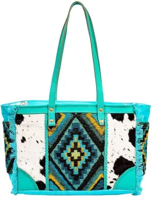 Myra Bag Shoulder Bag for Women - Western Upcycled Hairon Canvas & Leather Handbag Turquoise